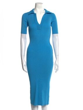 Caroline Constas Blue V-Neck Knit Ribbed Midi Dress